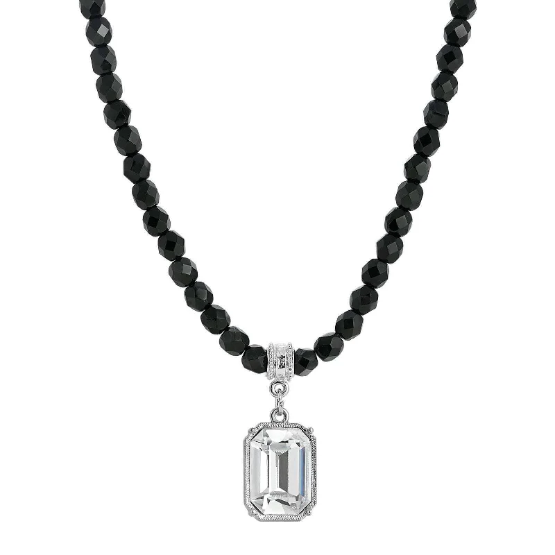 modern sleek nebula necklace-1928 Jewelry Genuine Octagon Austrian Crystal Black Glass Beaded Pendant Necklace 15" + 3" Extender