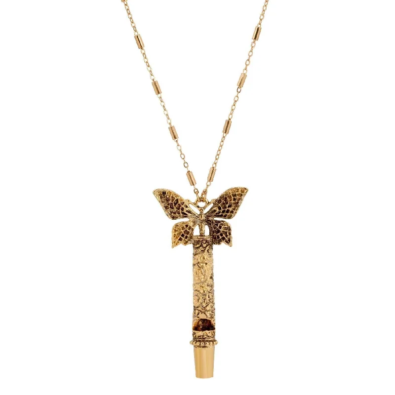 nature-themed apex ridge necklace-1928 Jewelry Gold Filigree Whistle Butterfly Pendant Necklace 28"