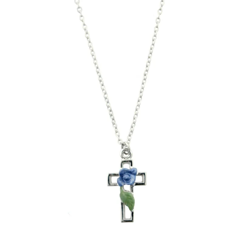 vintage-style sapphire necklace-1928 Jewelry Hand Enameled Blue Rose And Leaf Cross Pendant Necklace 16" + 3" Extender