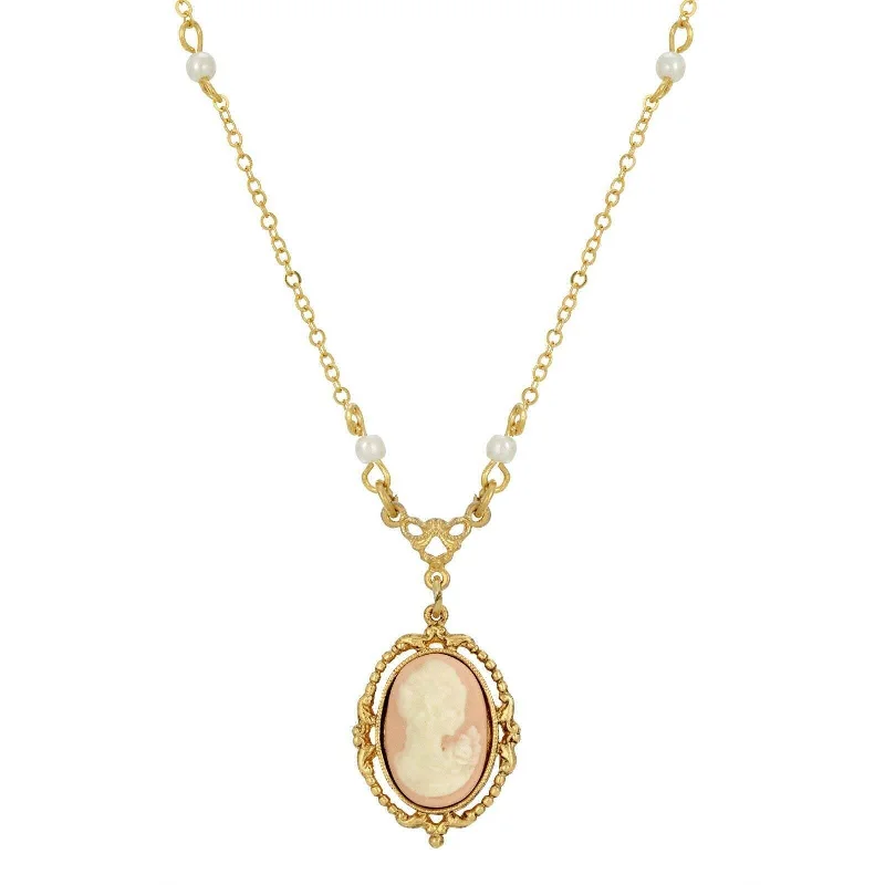 inscribed dynasty chain necklace-1928 Jewelry Light Pink Oval Cameo Faux Pearl Pendant Necklace 16" + 3" Extender