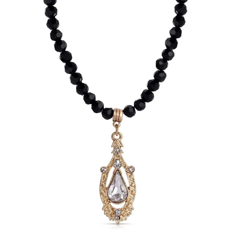 minimalist curve peak necklace-1928 Jewelry Minuit Black Glass Strand Bead Crystal Pendant Necklace 15" + 3" Extender