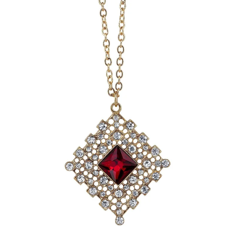 inscribed tradition pendant necklace-1928 Jewelry Siam Red Square & Crystal Filigree Pendant Necklace 16" + 3" Extender