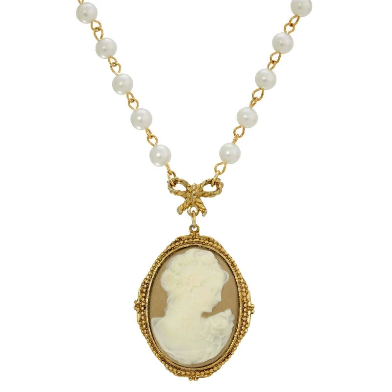 bohemian crest peak necklace-1928 Jewelry Taupe Cameo White Round 6mm Faux Pearl Strand Pendant Necklace 16" + 3" Extender