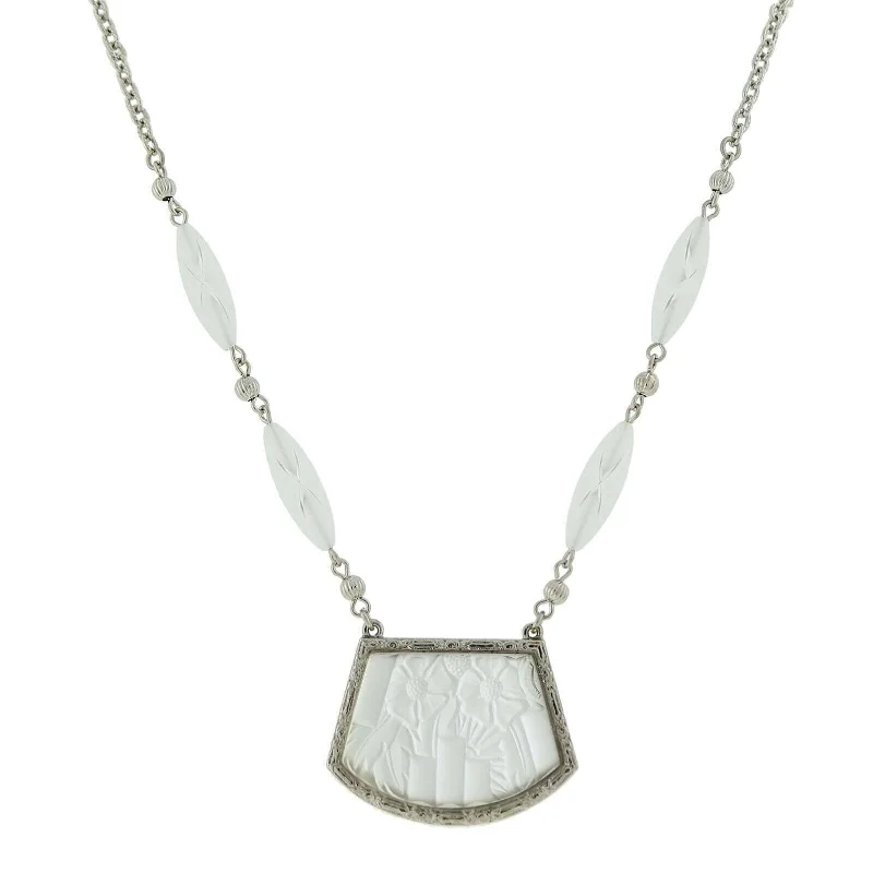 floral-inspired agate necklace-1928 Jewelry White Lalique Frosted Glass Flower Stone Pendant Necklace 16" + 3" Extender