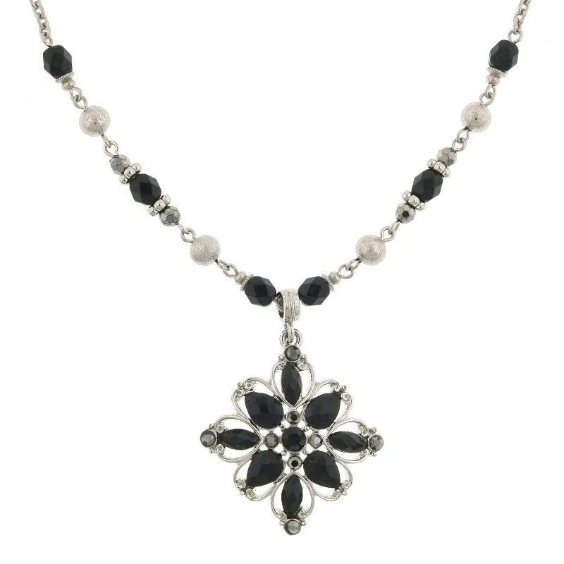 distressed rose layered necklace-2028 Jewelry Black Flower Pendant Necklace 16" + 3" Extender