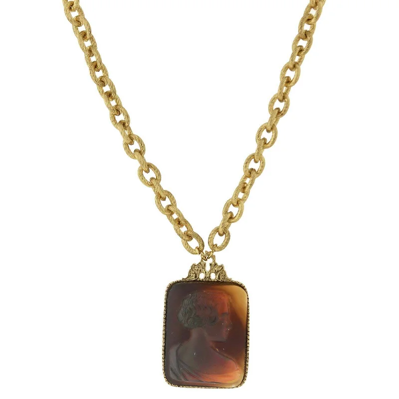 distressed rose stack necklace-2028 Jewelry Tortoise Intaglio Victorian Glass Square Pendant Necklace 18" + 3" Extender