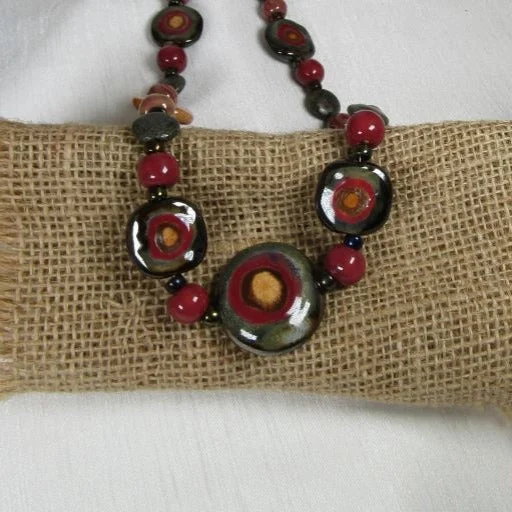 bohemian summit crest necklace-Maroon & Black  Kazuri Necklace Fair Trade Beads