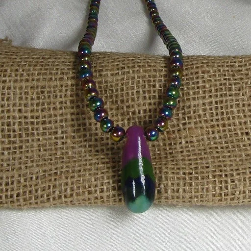 bold sapphire peak ridge necklace-Rainbow Gemstone Necklace with Fair Trade Kazuri Pendant