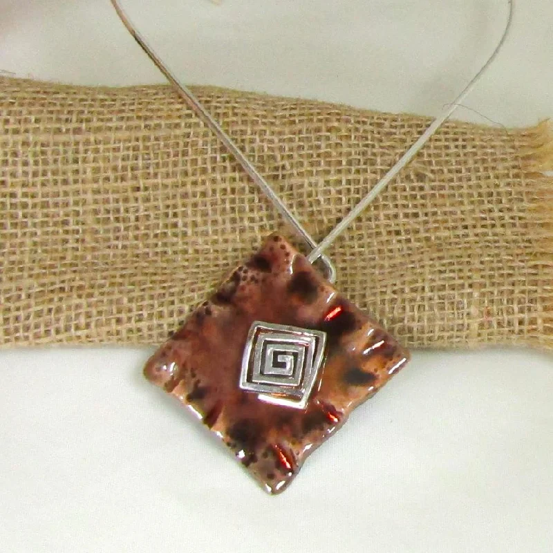 art deco carnelian necklace-Silver Choker with Handmade Browne Wash Raku Glazed Pendant