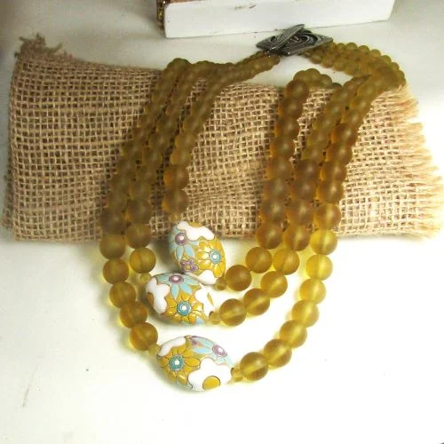 bold opal peak ridge necklace-Multi-strand Golden Sea Glass & Artisan Bead Necklace