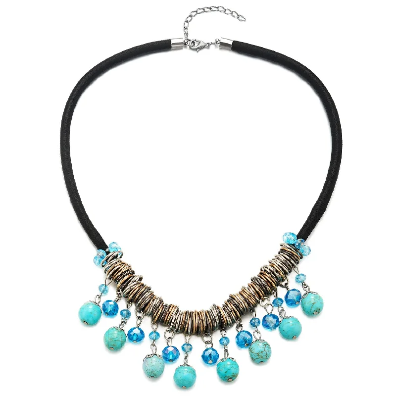 modern tiered topaz necklace-Black Choker Bib Collar Necklace with Dangling Blue Stone Beads Tassel Pendant