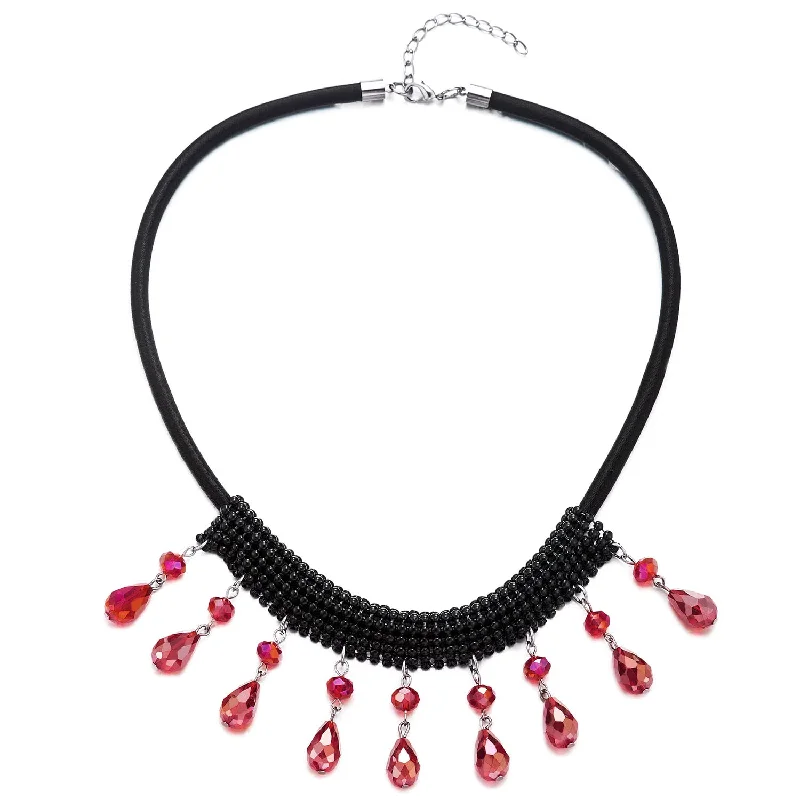 adjustable steel choker necklace-Black Choker Bib Collar Necklace with Dangling Shinny Red Crystal Beads Tassel Pendant