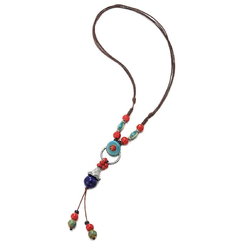 inscribed devotion pendant necklace-Brown Statement Necklace Red Blue Green Ceramic Beads String Y-Shape Drop Dangle Pendant