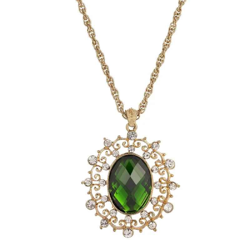 minimalist ridge peak necklace-1928 Jewelry Green Stone And Crystal Large Oval Pendant Necklace 16" + 3" Extender