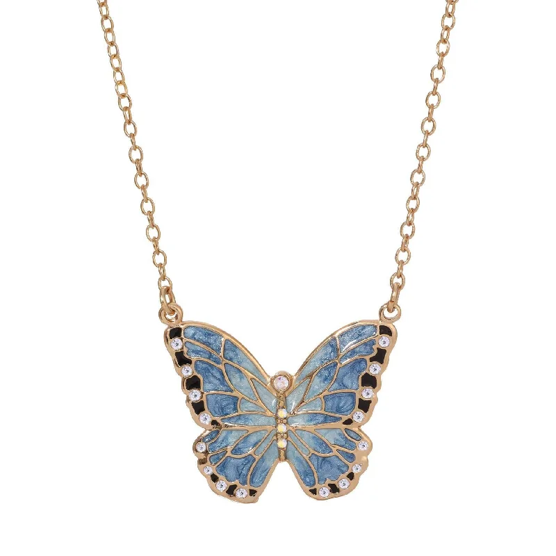 art deco agate necklace-1928 Jewelry Blue Enamel Crystal Butterfly Pendant Necklace 18" + 3" Extender