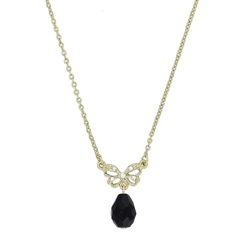 gothic-inspired bear claw necklace-1928 Jewelry Bow Black Bead Drop Pendant Necklace 16" + 3" Extender