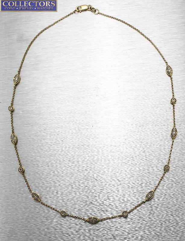 boho-inspired aventurine necklace-Ladies Estate 14K 585 Yellow Gold 0.26ctw Diamond Station Chain 14.50" Necklace