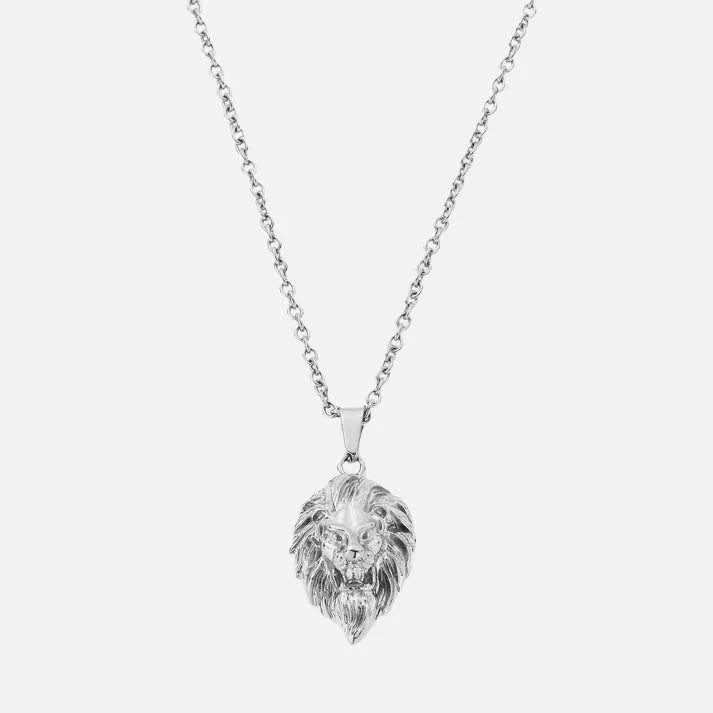 rustic tin chain necklace-"LION" PENDANT - WHITE GOLD