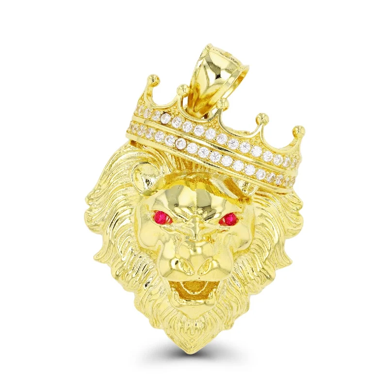 eight-stone drop necklace-Luxe Layers 10KT Yellow Gold Cubic Zirconia 44X30MM Lion Head With Crown Pendant. Chain Not Included