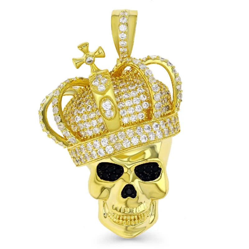 modern inset ruby necklace-Luxe Layers 14KT Yellow Gold Plated Sterling Silver Cubic Zirconia 50X33MM Gangster Skull & Crown Pendant. Chain Not Included