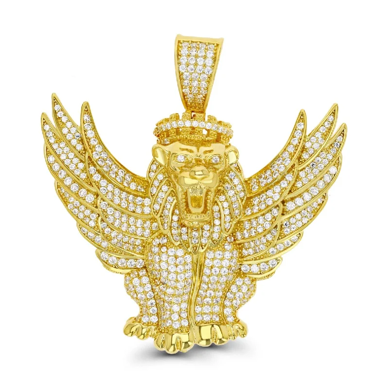 vintage-inspired ruby necklace-Luxe Layers 14KT Yellow Gold Plated Sterling Silver Cubic Zirconia 51X48MM Lion with Crown and Wings Pendant. Chain Not Included