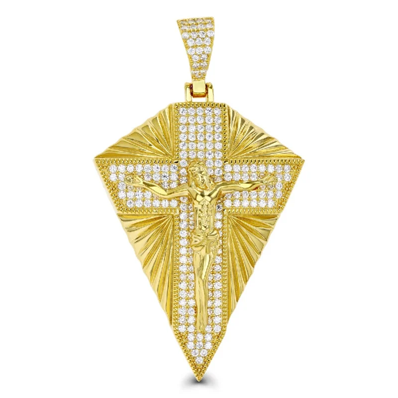 inscribed lineage pendant necklace-Luxe Layers 14KT Yellow Gold Plated Sterling Silver Cubic Zirconia 59X34MM Crucifix Cross Pendant. Chain Not Included