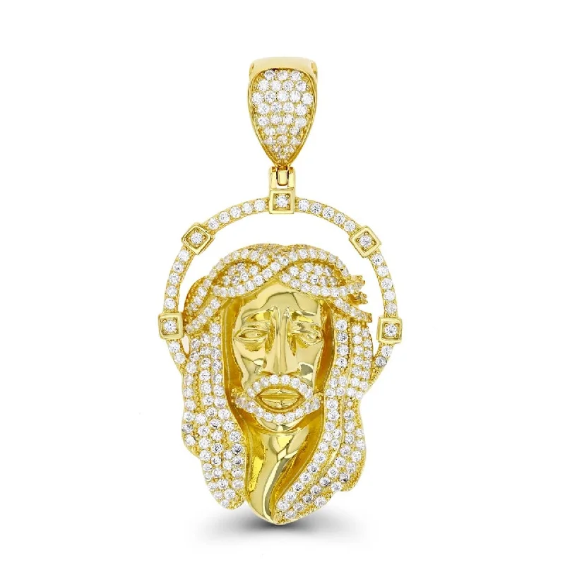 minimalist crest peak necklace-Luxe Layers 14KT Yellow Gold Plated Sterling Silver Cubic Zirconia 60X30MM Religious Christ Head Pendant. Chain Not Included