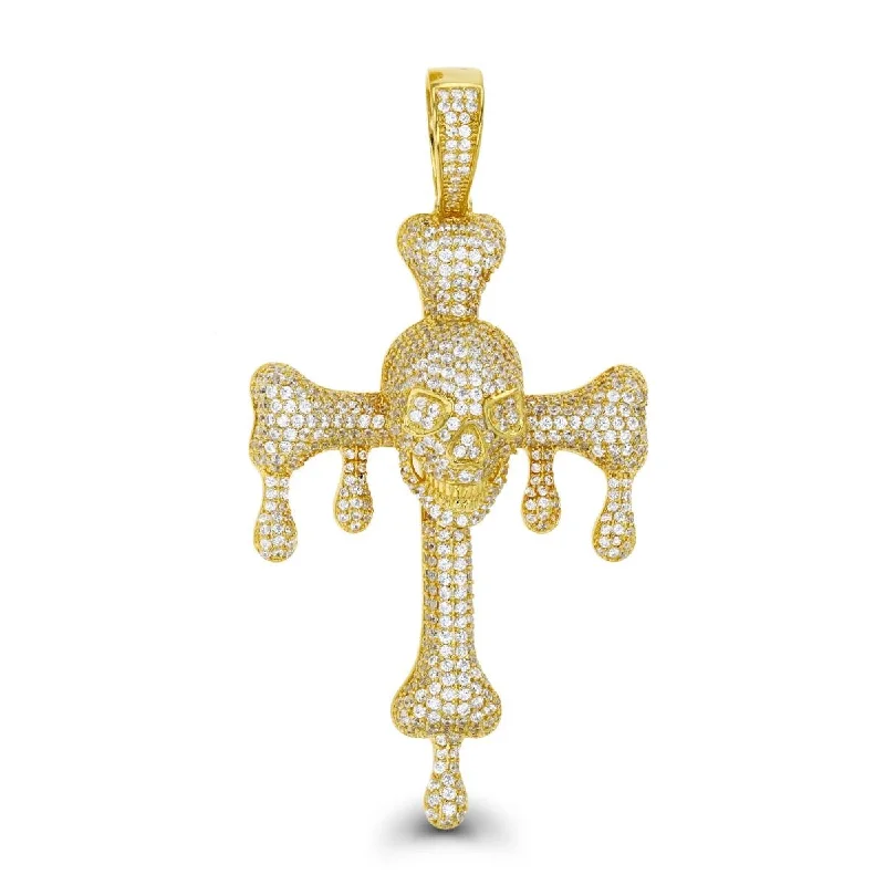 polished silver arc necklace-Luxe Layers 14KT Yellow Gold Plated Sterling Silver Cubic Zirconia 76X39MM Cross With Drips & Skull Pendant. Chain Not Included