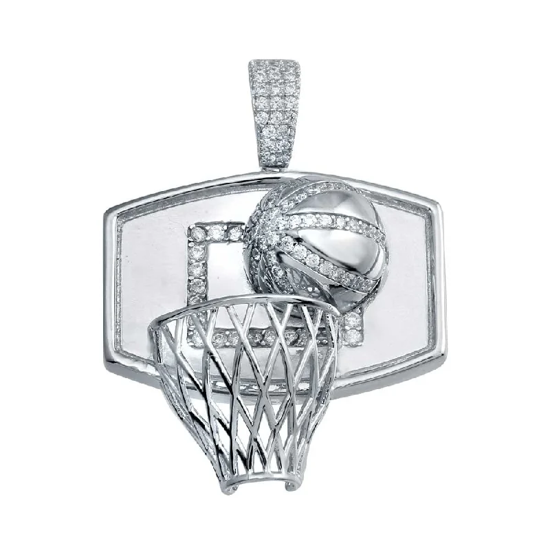 vintage-inspired ruby necklace-Luxe Layers Sterling Silver Cubic Zirconia 31X42MM Basketball Net Pendant-Chain Not Included