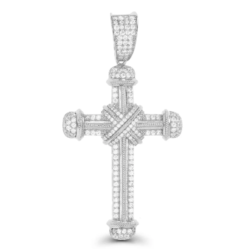 distressed silver pendant necklace-Luxe Layers Sterling Silver Cubic Zirconia 69X35MM Cross Pendant. Chain Not Included