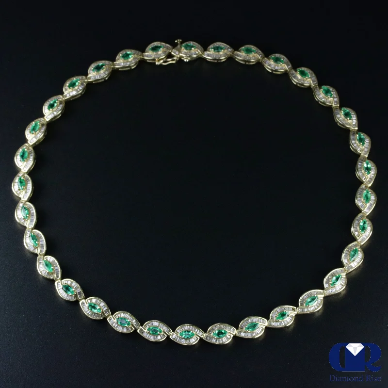 inscribed dynasty chain necklace-Marquise Emerald & Diamond Necklace In 14K Yellow Gold 16"