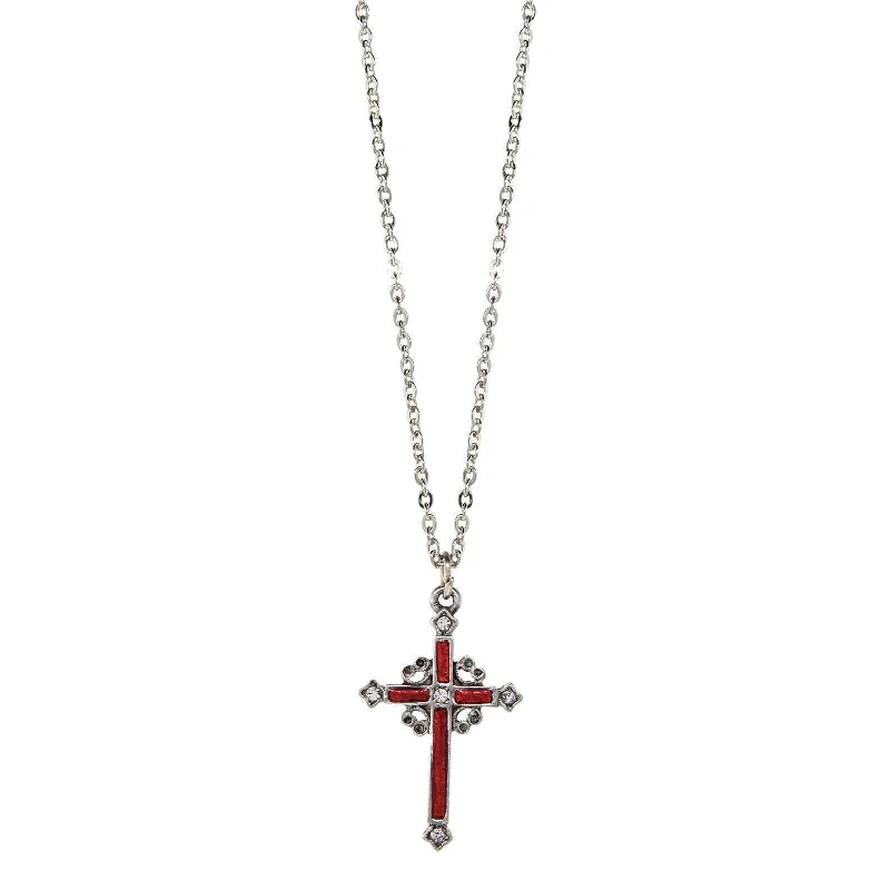 distressed gold chain necklace-Symbols Of Faith Pewter Hand Enamel Cross With Crystals Pendant Necklace 18"