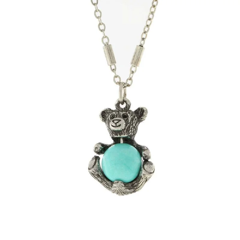 vintage-style sunstone necklace-1928 Jewelry Pewter Round Gemstone Teddy Bear Pendant Necklace 16" + 3" Extender