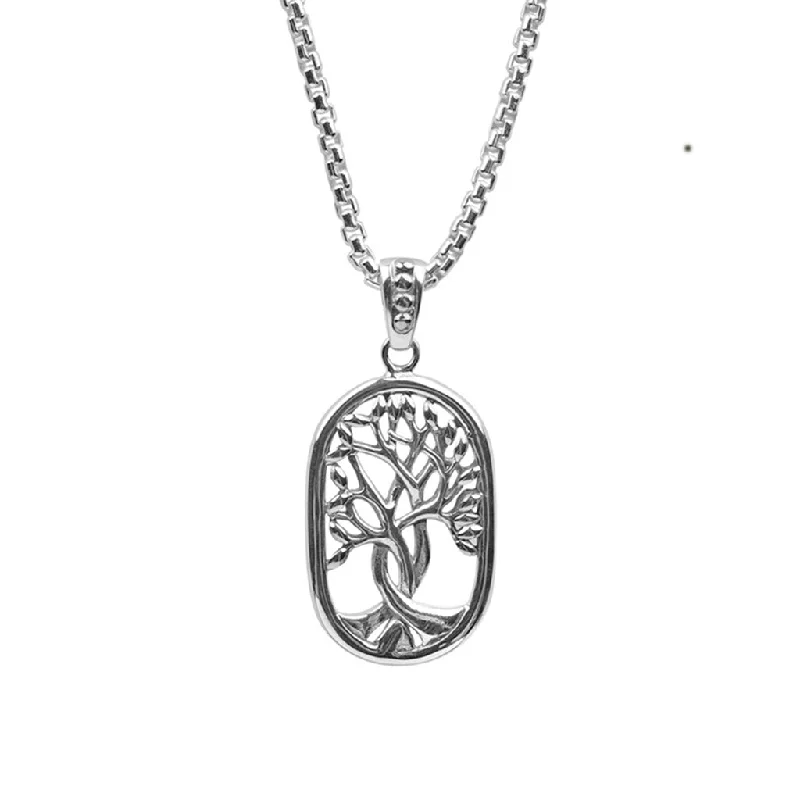 boho-inspired agate necklace-Silver Tree of Life Open Dogtag Pendant