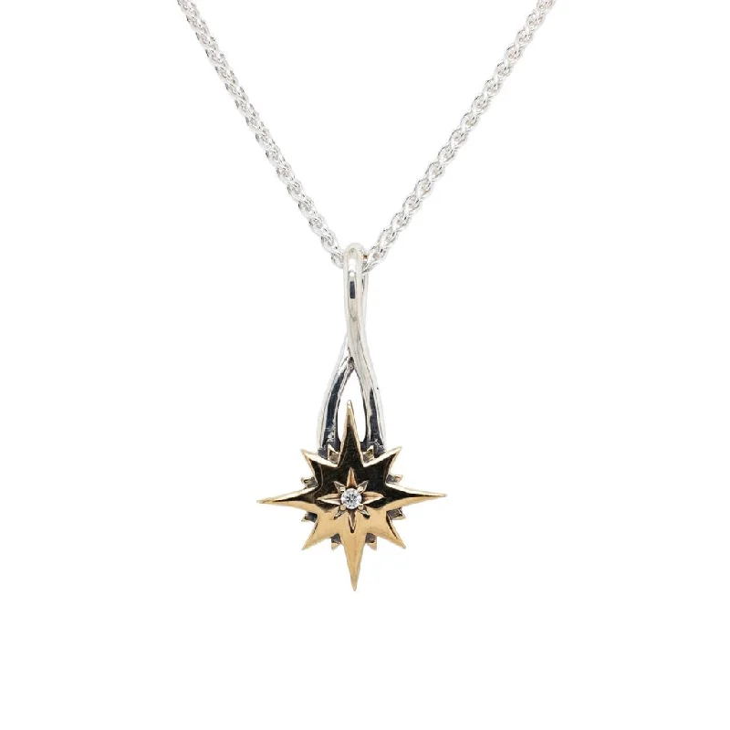 minimalist apex peak necklace-Silver and 10k Gold Compass Star Pendant-White Sapphire