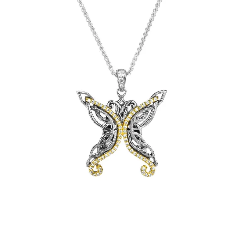 modern tiered ruby necklace-Darkened Silver and 10k Yellow or Rose Gold Butterfly Pendant