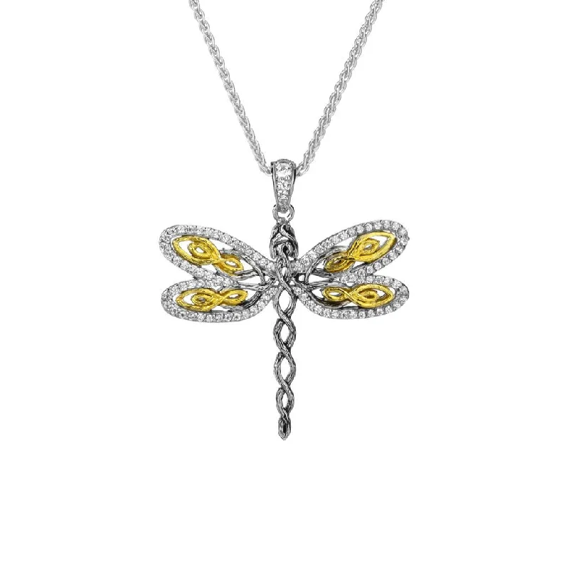 raw aventurine accent necklace-Silver and 10k Yellow or Rose Gold Dragonfly Pendant-Cubic Zirconia