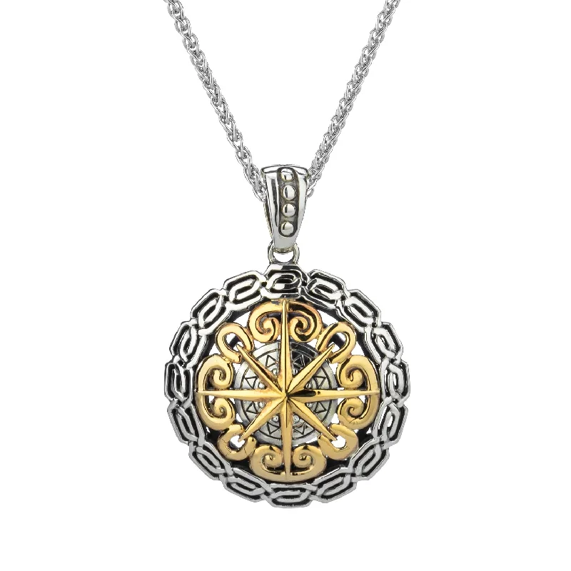 floral inset diamond necklace-Silver and 10k Gold Compass Pendant