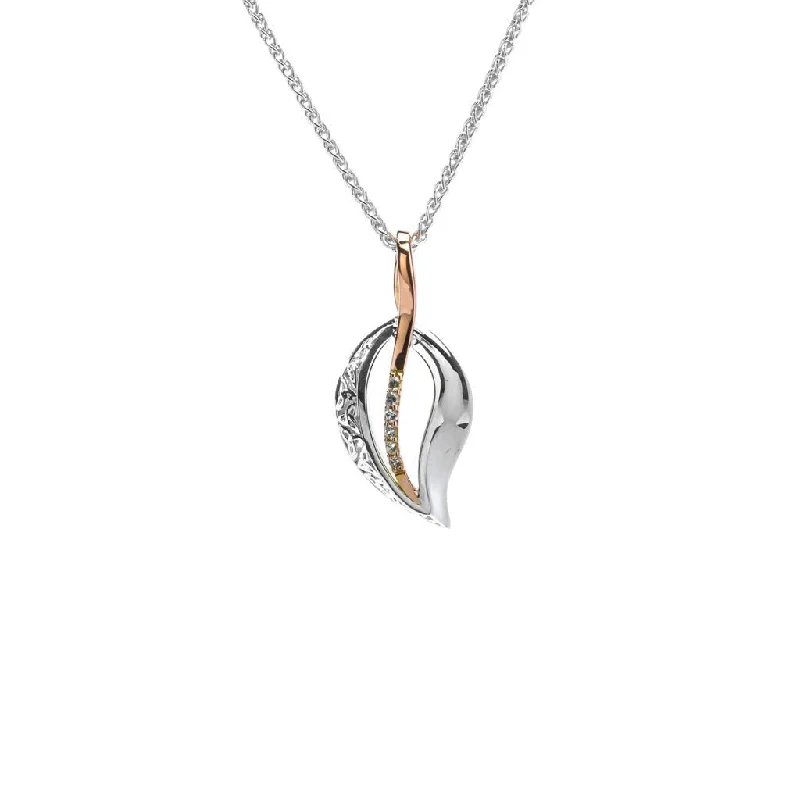 modern tiered topaz necklace-Silver and 10k Rose Gold Trinity Leaf Pendant-White Sapphire- Small