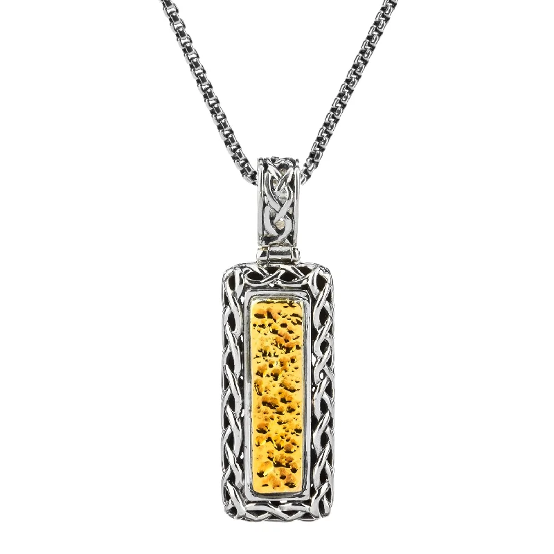 boho-inspired amber necklace-Silver and 18k Gold Dragon Weave Bar Pendant