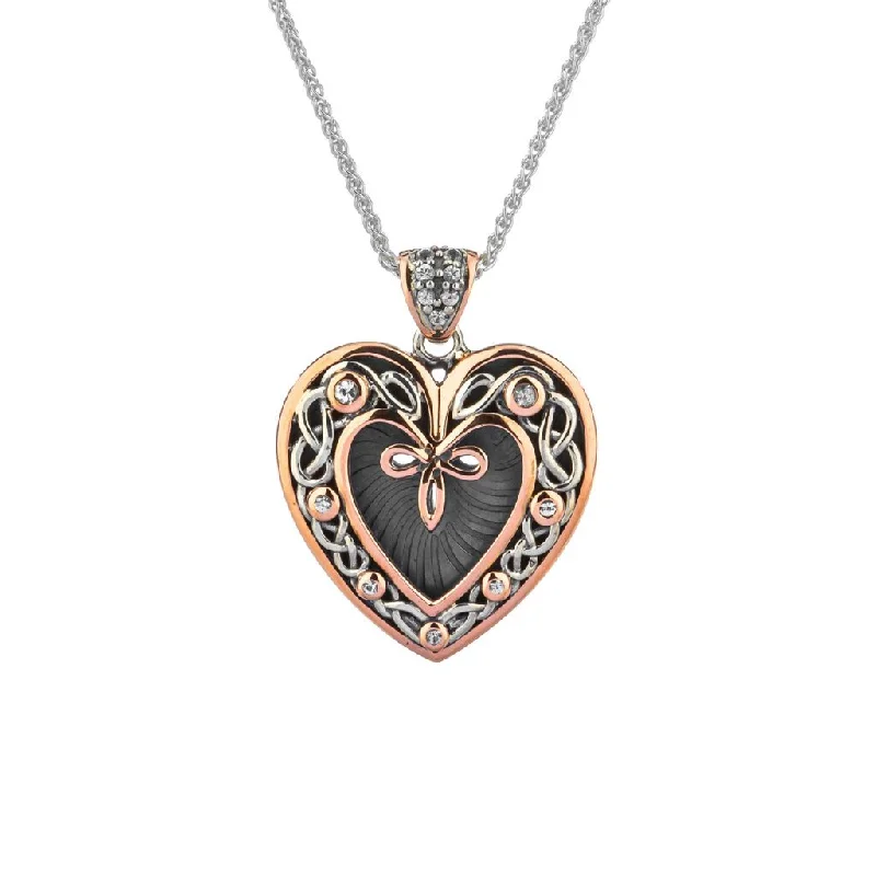 gothic-inspired scorpion tail necklace-Silver and 10k Rose Gold Celtic Heart Pendant-White Sapphire