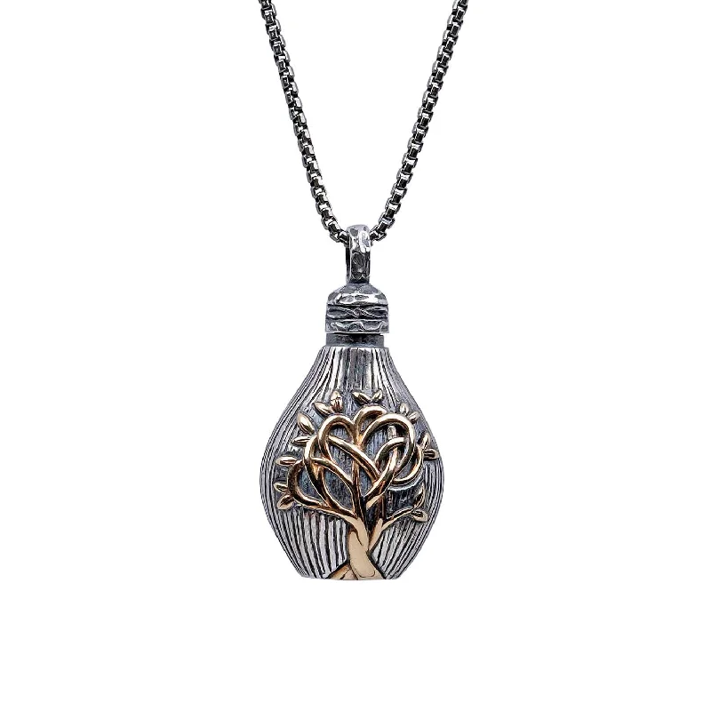 minimalist apex ridge necklace-Silver and 10k Gold Textured Tree of Life Keepsake Vial