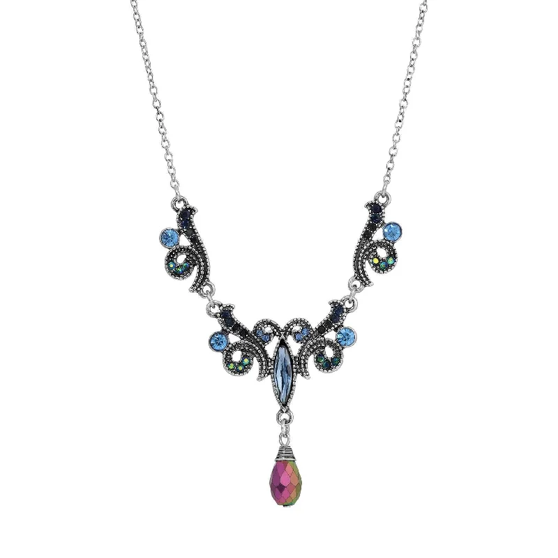 modern nebula diamond necklace-Regency Giovane Iridescent AB Crystal & Blue Stone Drop Pendant Necklace 16" + 3" Extender