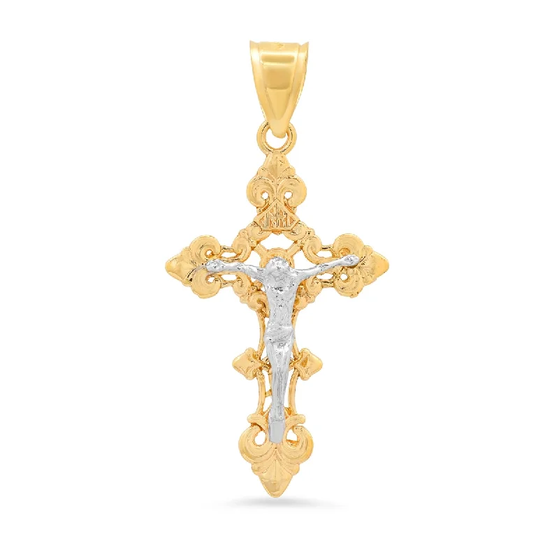 modern sleek summit crest necklace-Roberto Martinez 14KT White and Yellow Gold 46X23MM Crucifix Cross Pendant. Chain Not Included