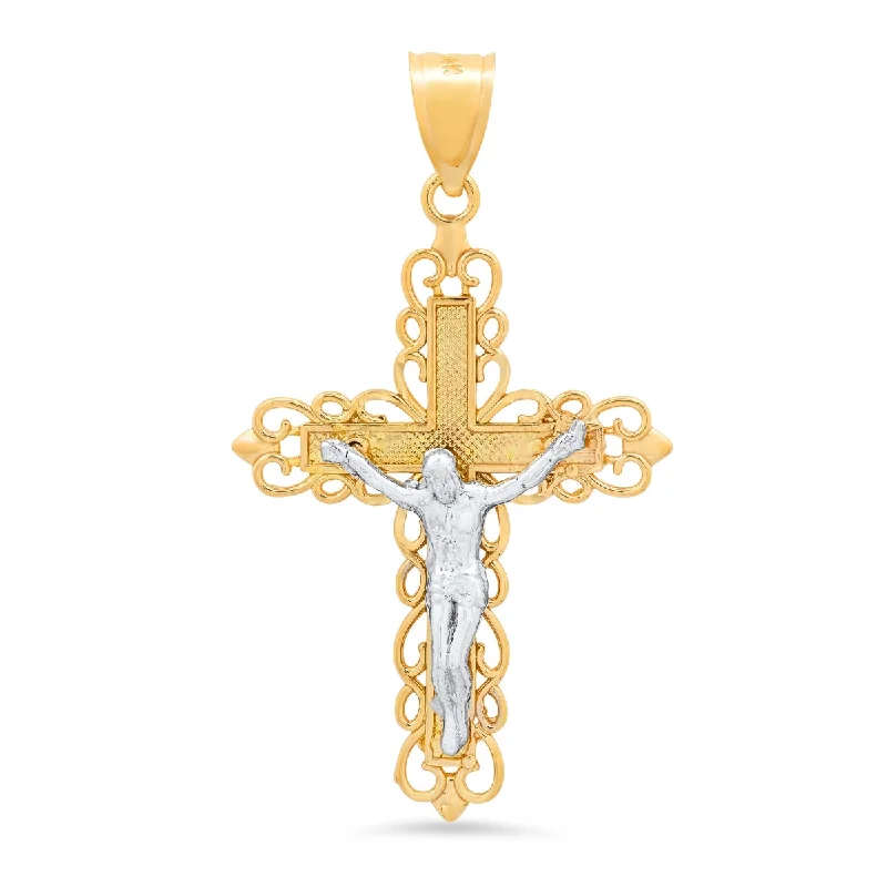 floral eternity sapphire necklace-Roberto Martinez 14KT White and Yellow Gold 47X27MM Crucifix Cross Pendant. Chain Not Included