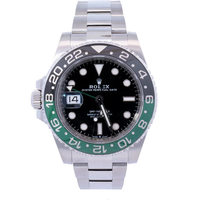 art deco aventurine necklace-Rolex GMT-Master II "Sprite" Stainless Steel Black Dot Dial Watch | Ref# 126720VTNR