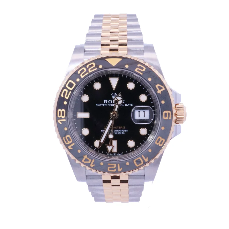 artisan-crafted gold necklace-Rolex GMT-Master II Yellow Gold & Stainless Steel 40mm Black Dot Dial Watch | Ref# 126713GRNR