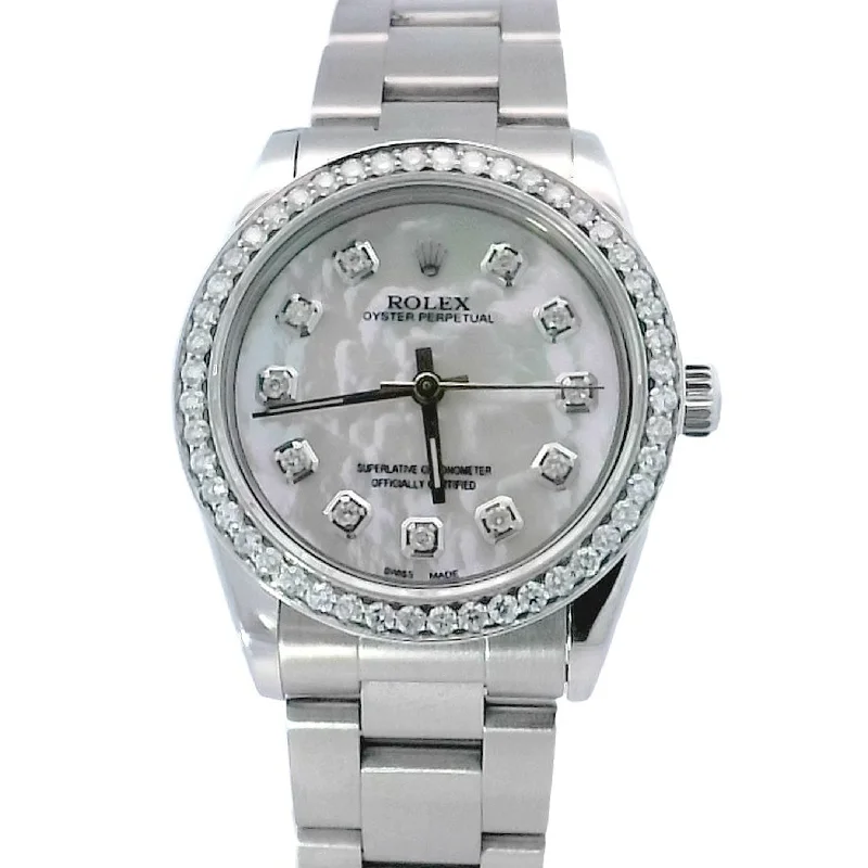 gothic-inspired scorpion tail necklace-Rolex Oyster Perpetual Stainless Steel 31mm Custom White MOP Diamond Dial Watch | Ref# 77080