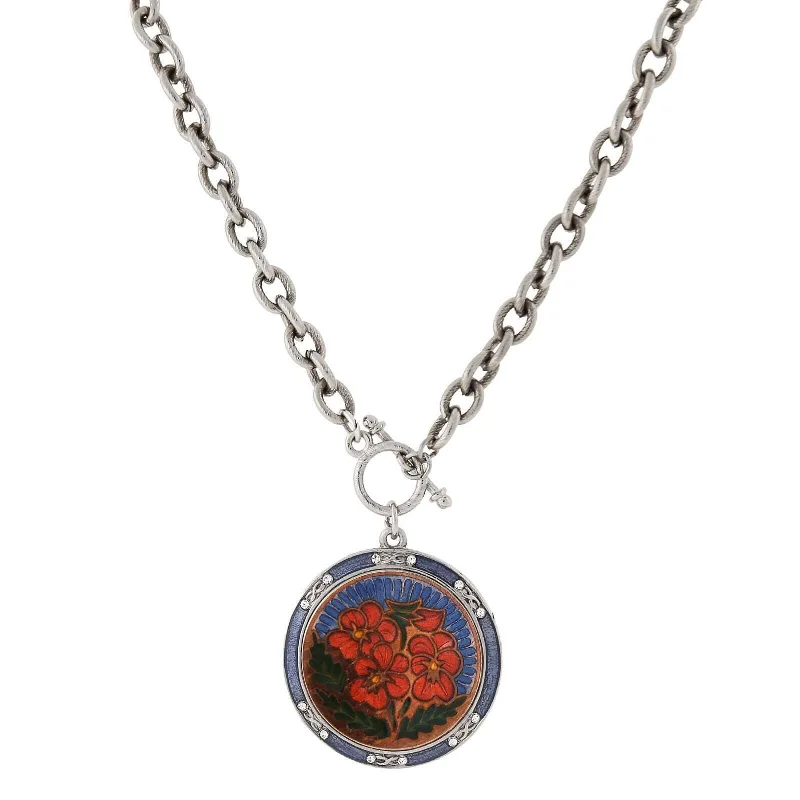 modern sleek apex peak necklace-1928 Jewelry Blue And Orange Floral Enamel Medallion Toggle Pendant Necklace 20"