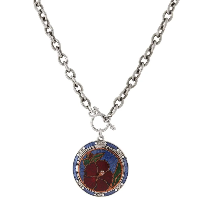 inscribed unity pendant necklace-1928 Jewelry Blue And Red Floral Enamel Medallion Toggle Pendant Necklace 20"